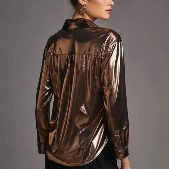 Anthropologie Gillian Liquid Shine Button Front Shirt Gold Size XXS Blue Blood - Picture 2 of 10
